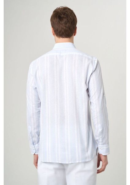 Regular Fit Mavi Çizgili Keten Karışımlı Spor Erkek Gömlek GM22Y221131_C35 fiyatları