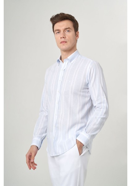 Regular Fit Mavi Çizgili Keten Karışımlı Spor Erkek Gömlek GM22Y221131_C35 fırsatları