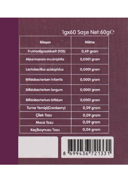 Akkermansiam-B Probiyotik - Prebiyotik Içeren Takviye Edici Gıda 1g X 60 Saşe fiyatları
