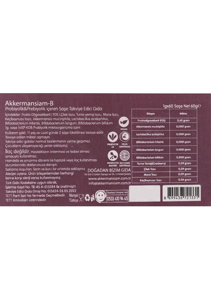 Akkermansiam-B Probiyotik - Prebiyotik Içeren Takviye Edici Gıda 1g X 60 Saşe modelleri