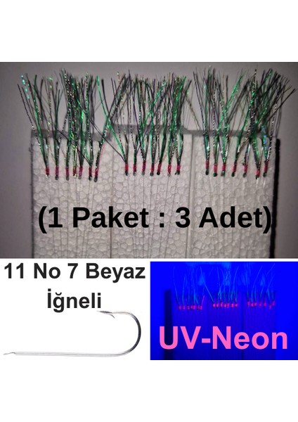 Çapari, İstavrit Çaparisi, 20x12 Beden, Ultraviyole Uv Neon Koyu Yeşil Sim, 11 No Beyaz 7 İğneli, 3lü Paket