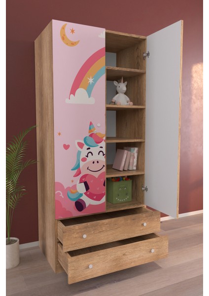 Çocuk Odası 2 Kapaklı Unicorn Dreams Gardırop 5 Raflı 2 Çekmeceli Askılı Elbise Dolabı fiyatları