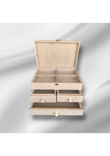 Ahşap Boyanabilir- Ham Mdf- 3 Çekmeceli-4bölmeli Dekoratif Organizer Kutu