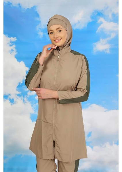 Moda Kadın Pantolonlu Kolu Şeritli Tam Tesettür Mayo Bej fiyatları