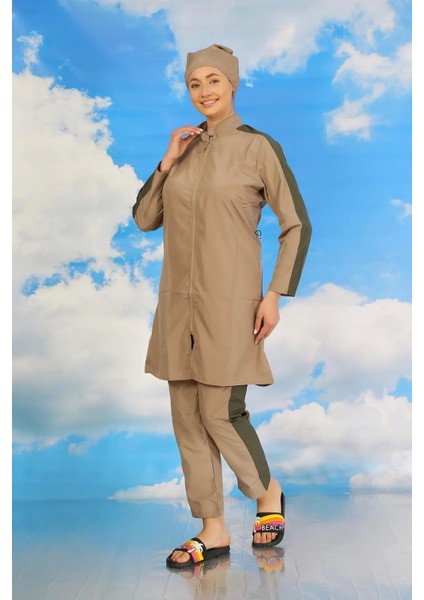 Moda Kadın Pantolonlu Kolu Şeritli Tam Tesettür Mayo Bej modelleri