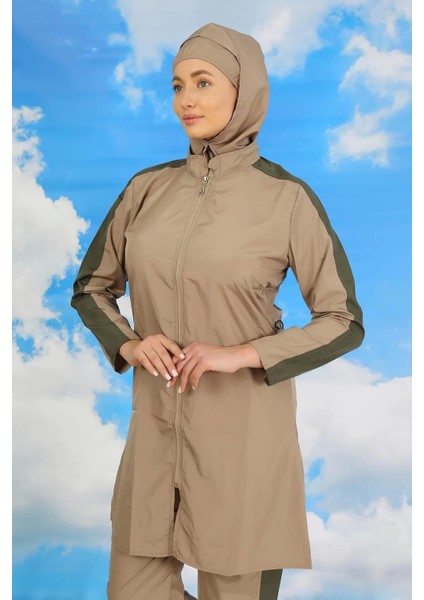 Moda Kadın Pantolonlu Kolu Şeritli Tam Tesettür Mayo Bej