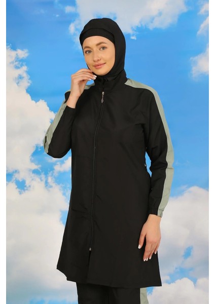 Moda Kadın Pantolonlu Kolu Şeritli Tam Tesettür Mayo Siyah modelleri
