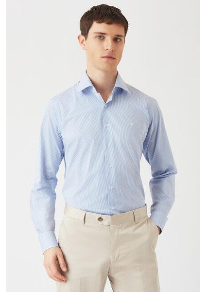 Erkek Mavi Regular Fit Likralı Ofis Tarzı Klasik Gömlek GM22K222056_C35
