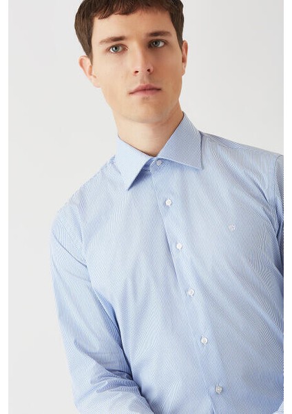 Erkek Mavi Regular Fit Likralı Ofis Tarzı Klasik Gömlek GM22K222056_C35 modelleri