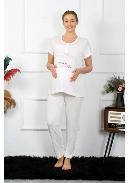 Moda Kadın Kısa Kol Hamile Lohusa Pijama Takımı Ekru