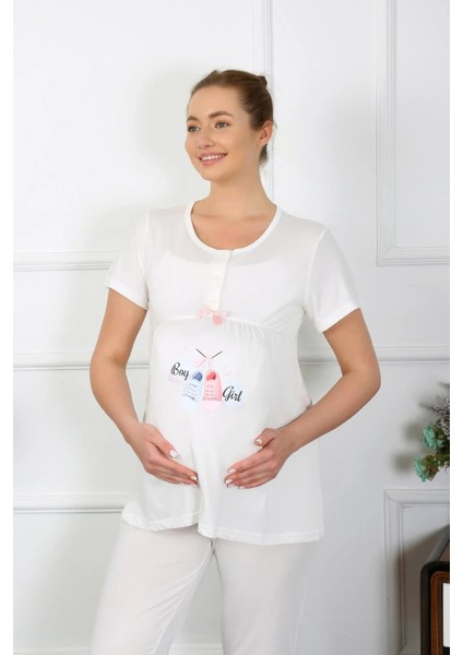 Moda Kadın Kısa Kol Hamile Lohusa Pijama Takımı Ekru fiyatları