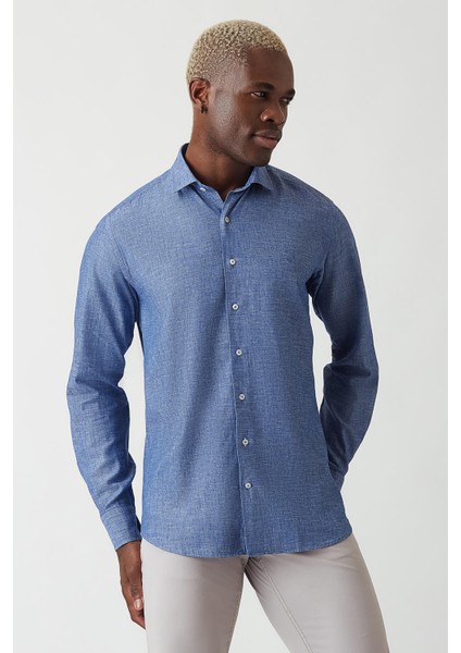 Regular Fit Lacivert Keten Pamuk Spor Erkek Gömlek GM22Y221044_D39