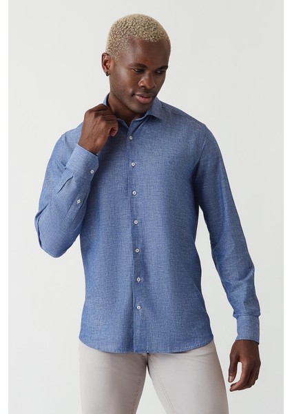 Regular Fit Lacivert Keten Pamuk Spor Erkek Gömlek GM22Y221044_D39 fırsatları