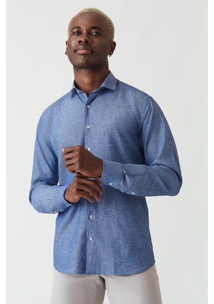 Regular Fit Lacivert Keten Pamuk Spor Erkek Gömlek GM22Y221044_D39 indirimleri