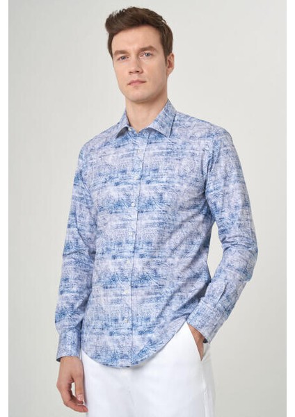 Erkek Açık Mavi Slim Fit Klasik Yaka Uzun Kollu Spor Gömlek GM22Y221038_K35