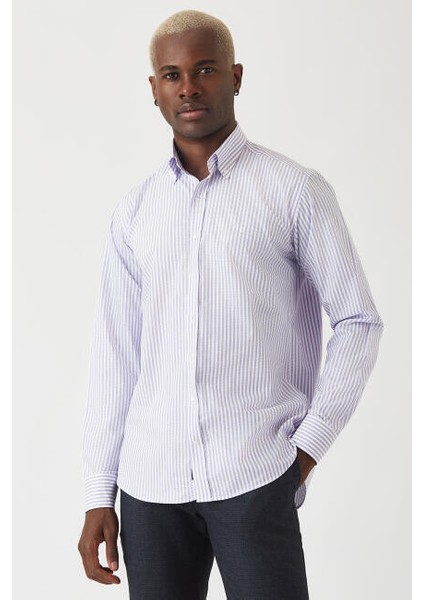 Erkek Lila Desenli Regular Fit Pamuk Spor Gömlek GM22Y221016_C44