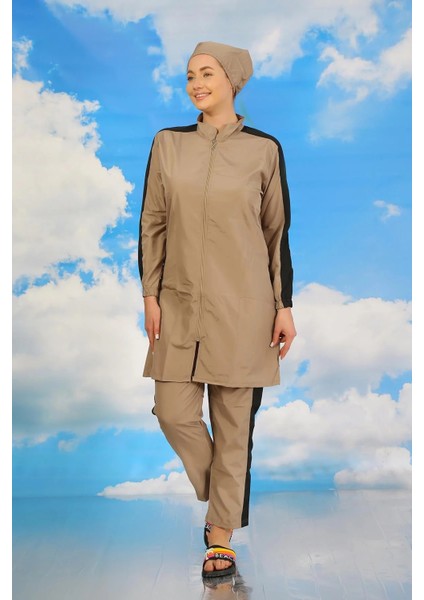 Moda Kadın Pantolonlu Kolu Şeritli Tam Tesettür Mayo Bej modelleri