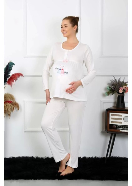 Moda Kadın Uzun Kol Hamile Lohusa Pijama Takımı Ekru modelleri