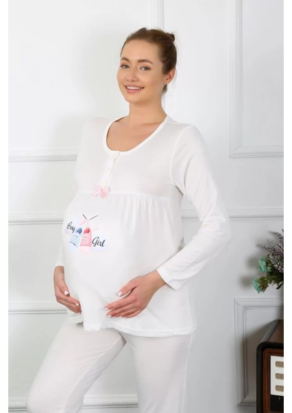 Moda Kadın Uzun Kol Hamile Lohusa Pijama Takımı Ekru fırsatları