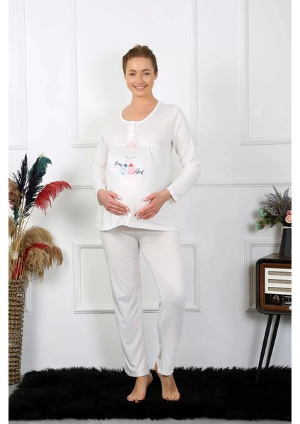 Moda Kadın Uzun Kol Hamile Lohusa Pijama Takımı Ekru indirimleri