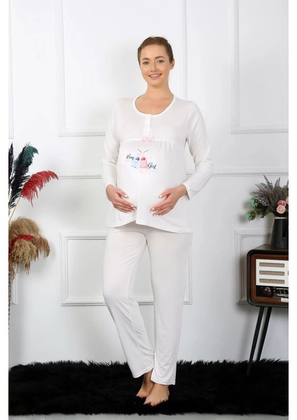 Moda Kadın Uzun Kol Hamile Lohusa Pijama Takımı Ekru