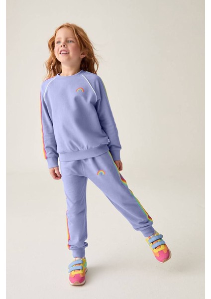 Gökkuşağı Işleme Detaylı Şeritli Kız çocuk takım - Lila