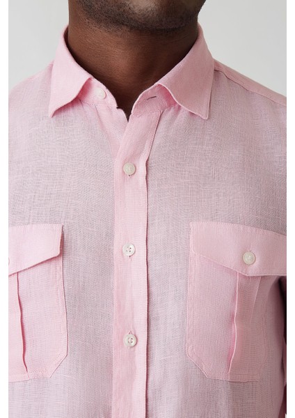 Slim Fit Pembe Keten Paşa Yaka Uzun Kollu Erkek Gömlek GM22Y221146_D29 modelleri