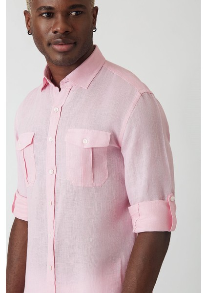 Slim Fit Pembe Keten Paşa Yaka Uzun Kollu Erkek Gömlek GM22Y221146_D29 fırsatları