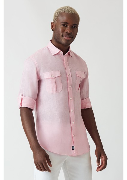 Slim Fit Pembe Keten Paşa Yaka Uzun Kollu Erkek Gömlek GM22Y221146_D29 indirimleri
