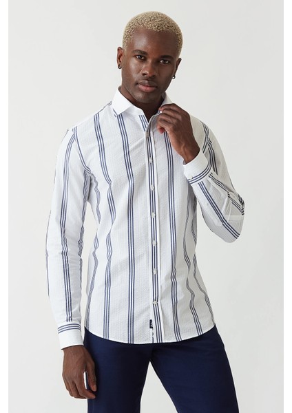 Slim Fit Lacivert Çizgili Spor Tarzı Erkek Gömlek GM22Y221154_E39