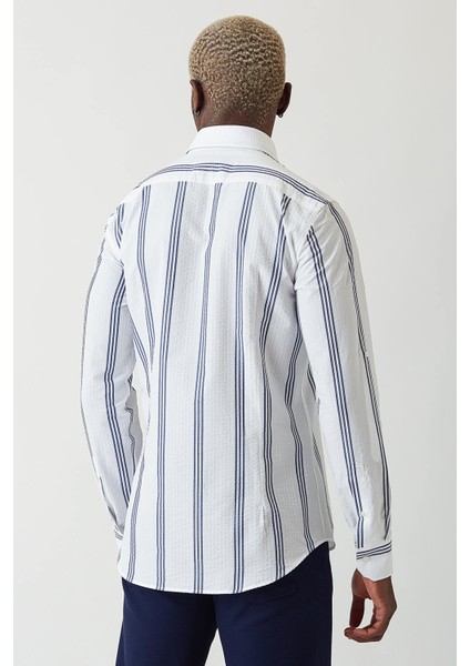 Slim Fit Lacivert Çizgili Spor Tarzı Erkek Gömlek GM22Y221154_E39 fiyatları