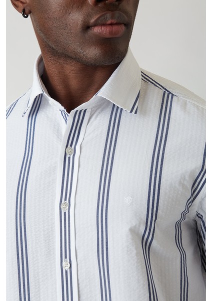 Slim Fit Lacivert Çizgili Spor Tarzı Erkek Gömlek GM22Y221154_E39 modelleri