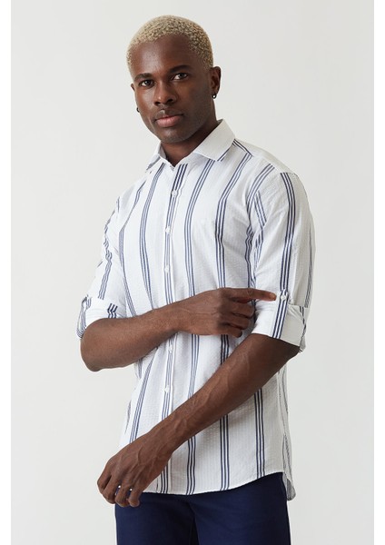 Slim Fit Lacivert Çizgili Spor Tarzı Erkek Gömlek GM22Y221154_E39 fırsatları