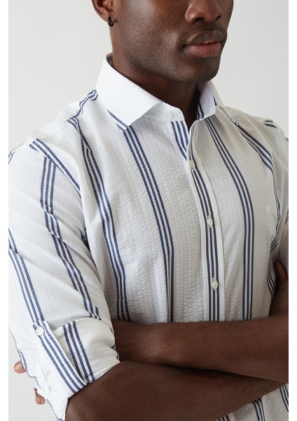 Slim Fit Lacivert Çizgili Spor Tarzı Erkek Gömlek GM22Y221154_E39 indirimleri