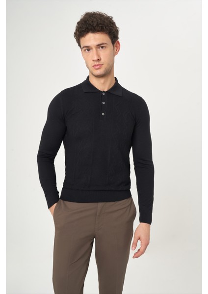 Erkek Polo Yaka Düğmeli Siyah Yün Triko Camel TR21K21202_D99 modelleri