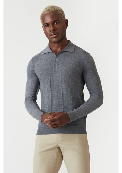 Erkek Polo Yaka Düğmeli Yün Triko Gri TR21K21202_D55