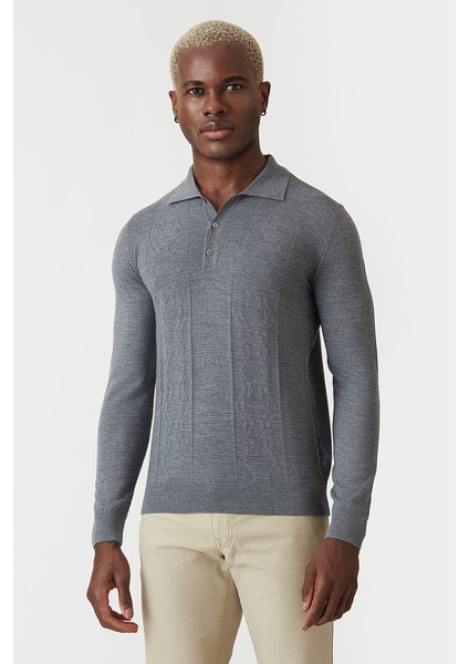 Erkek Polo Yaka Düğmeli Yün Triko Gri TR21K21202_D55 fırsatları