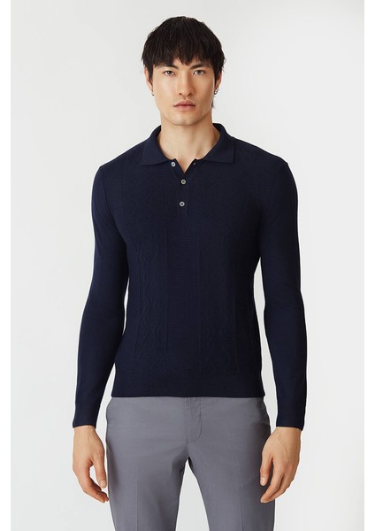 Erkek Polo Yaka Düğmeli Yün Triko Lacivert TR21K21202_D39