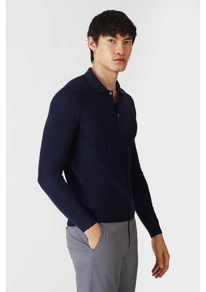 Erkek Polo Yaka Düğmeli Yün Triko Lacivert TR21K21202_D39 fırsatları