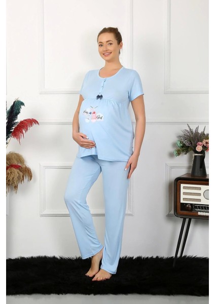 Moda Kadın Kısa Kol Hamile Lohusa Pijama Takımı Mavi