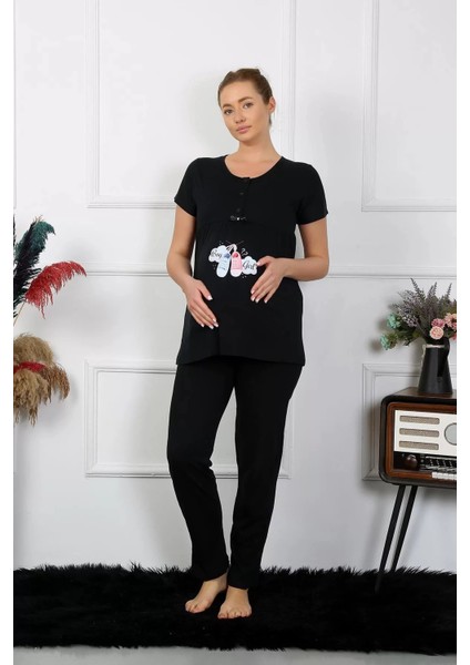 Moda Kadın Kısa Kol Hamile Lohusa Pijama Takımı Siyah fırsatları