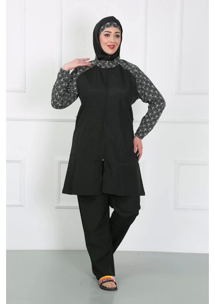 Moda Büyük Beden Desenli Tesettür Mayo Siyah
