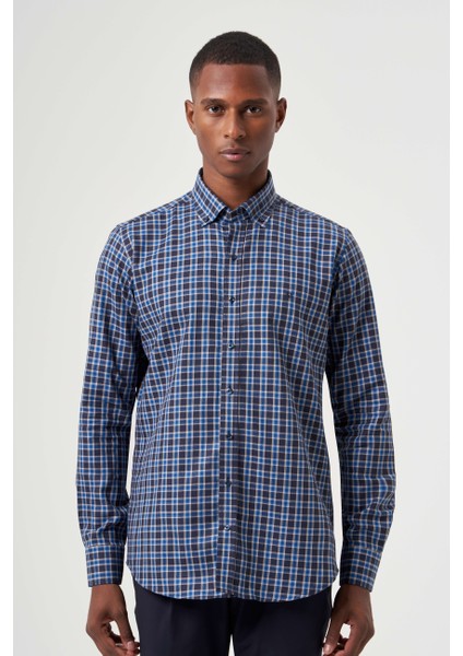 Regular Fit Paşa Yaka Ekoseli Lacivert Spor Erkek Gömlek GM22K222104_D39