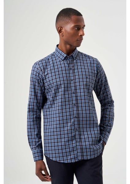 Regular Fit Paşa Yaka Ekoseli Lacivert Spor Erkek Gömlek GM22K222104_D39 fırsatları