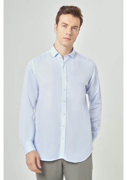 Regular Fit Mavi Gabardin Spor Yaka Uzun Kollu Erkek Gömlek GM23Y231022_D35