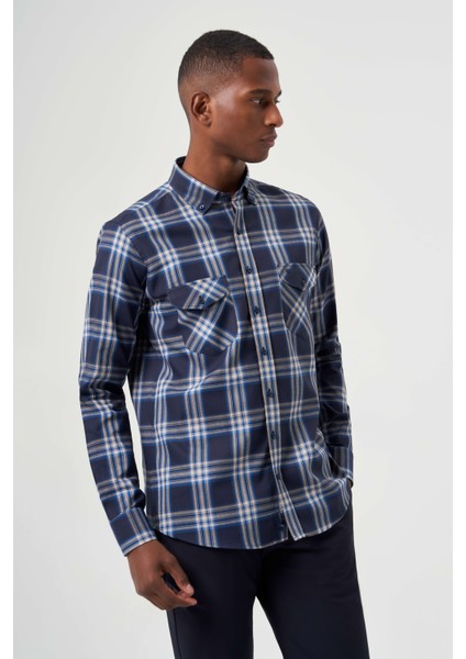 Regular Fit Çift Cepli Ekoseli Lacivert Spor Erkek Gömlek GM22K222109_D39 fırsatları