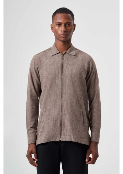 Regular Fit Fermuarlı Flanel Kahve Erkek Gömlek GM22K222093_D11