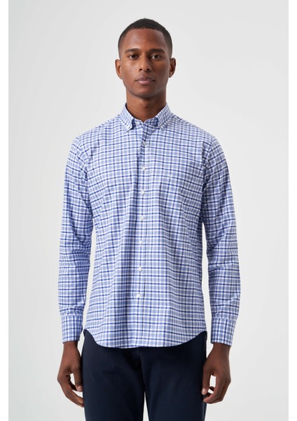 Regular Fit Lacivert Yazlık Ekose Paşa Yaka Spor Erkek Gömlek GM23Y231019_D39