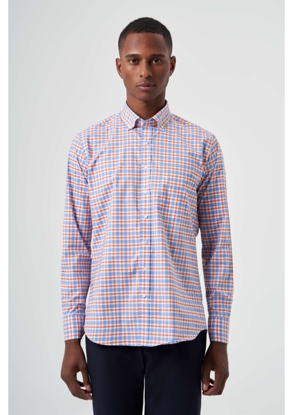 Regular Fit Turuncu Yazlık Ekose Paşa Yaka Spor Erkek Gömlek GM23Y231018_D64