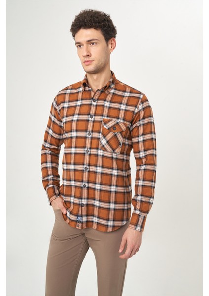 Regular Fit Kışlık Flanel Kahve Erkek Gömlek GM22K222102_D11